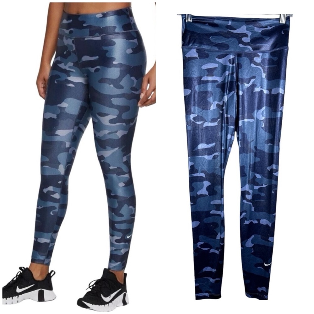 Nike Dri-FIT One Womens Mid-Rise Camo Leggings Thunder Blue Size Small